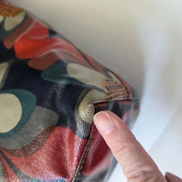 Fossil Tote Red Mod Floral Coated Canvas Keyper Bag Retro Boho Brown Leather - Picture 12 of 16